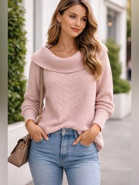 White House Black Market Blush Pink Cable-Knit Off-Shoulder Sweater | Sz Medium